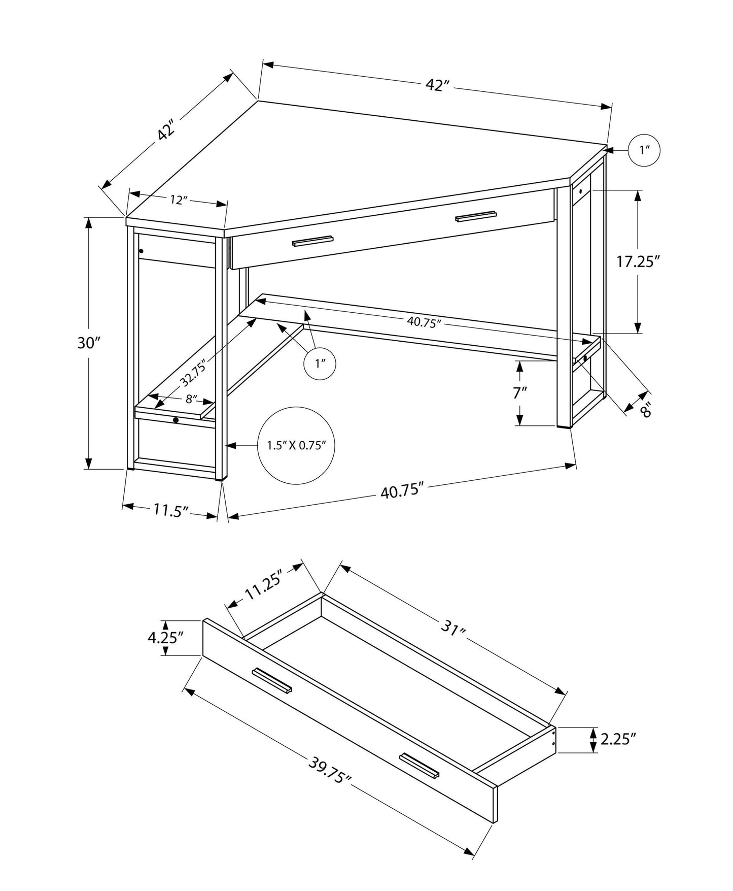 42inches x 42inches x 30inches White with Silver Metal Computer Desk