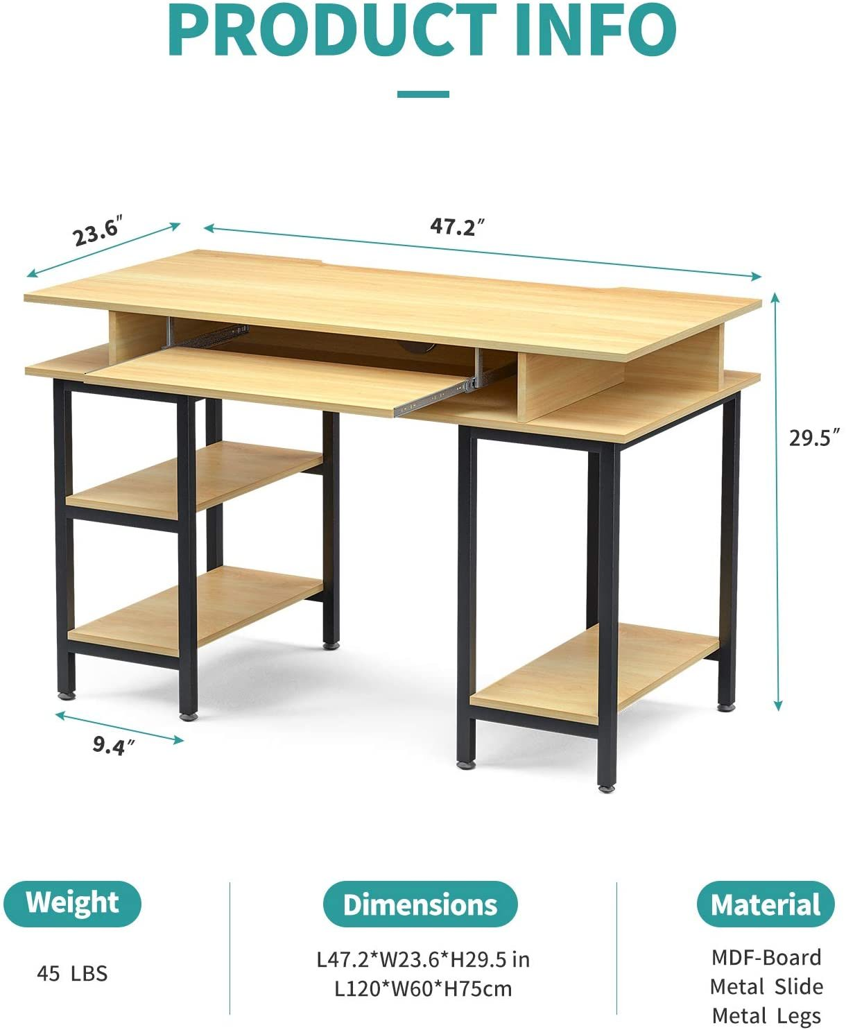 Geeko Study Writing Computer Desk with Keyboard Tray/Shelves