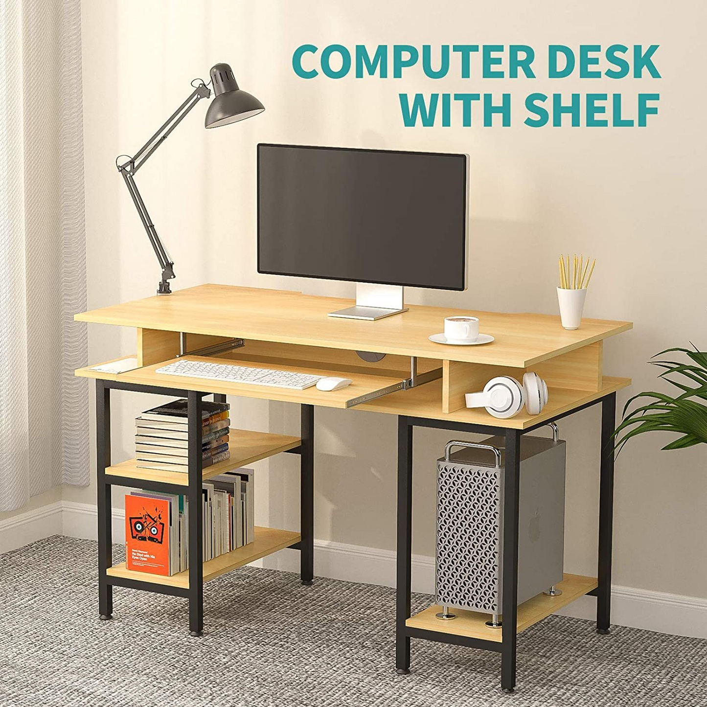 Geeko Study Writing Computer Desk with Keyboard Tray/Shelves